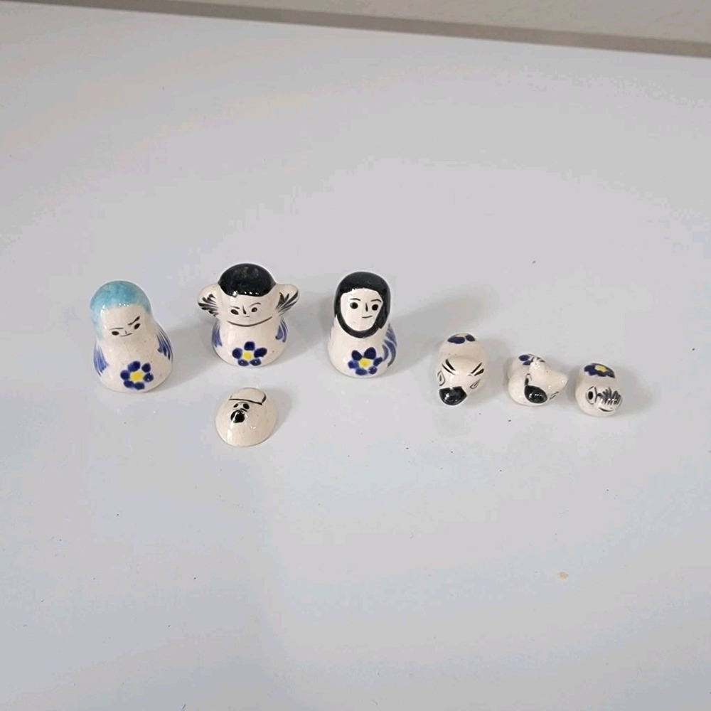Vintage Mexican Tonala Nativity Set 7pc Mini Hand Painted Pottery Folk Art Blue